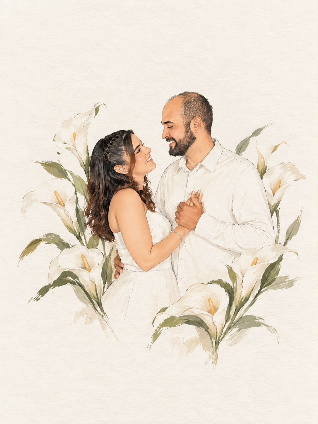 Anita e João Pedro cercados por copos de leite e callas